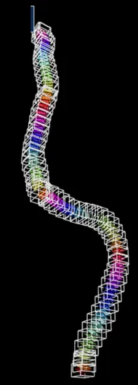 Perpendicular slices along the traced path, each in a tight bounding box