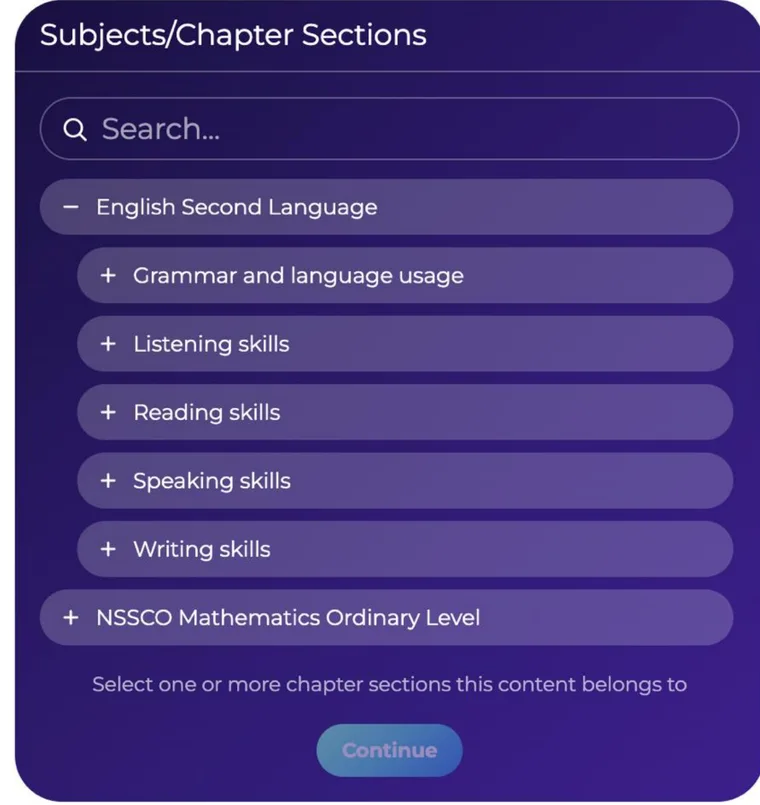 A searchable tree of Namibian curriculum subjects and chapter sections