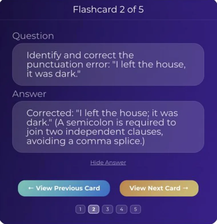 A generated flashcard asking the student to correct a comma splice