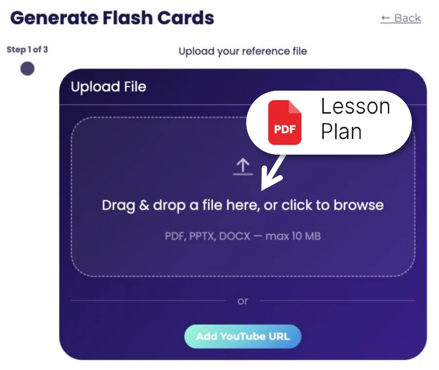The Generate Flash Cards tool, prompting the teacher to upload a PDF lesson plan